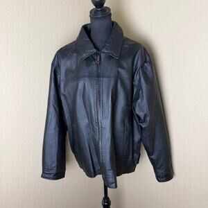 Phase 2 Mens Black Genuine Leather Jacket Full Zip Collared Coat Classic